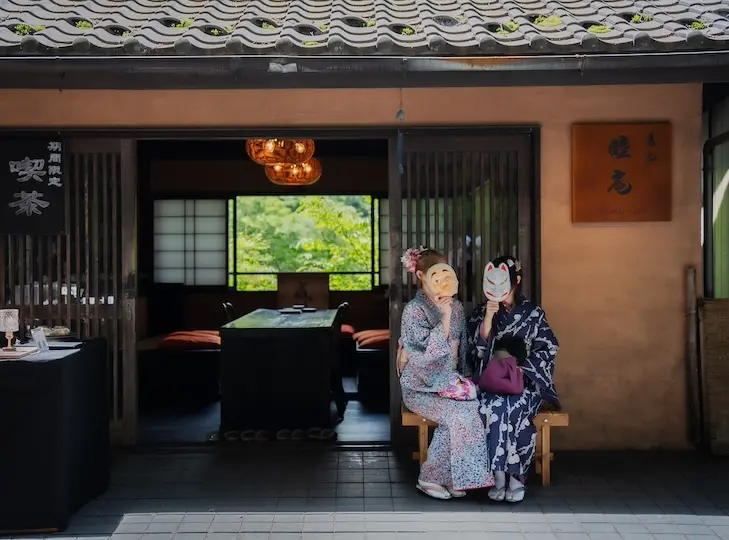 伊香保温泉 着物の日 カフェでくつろぐ女子